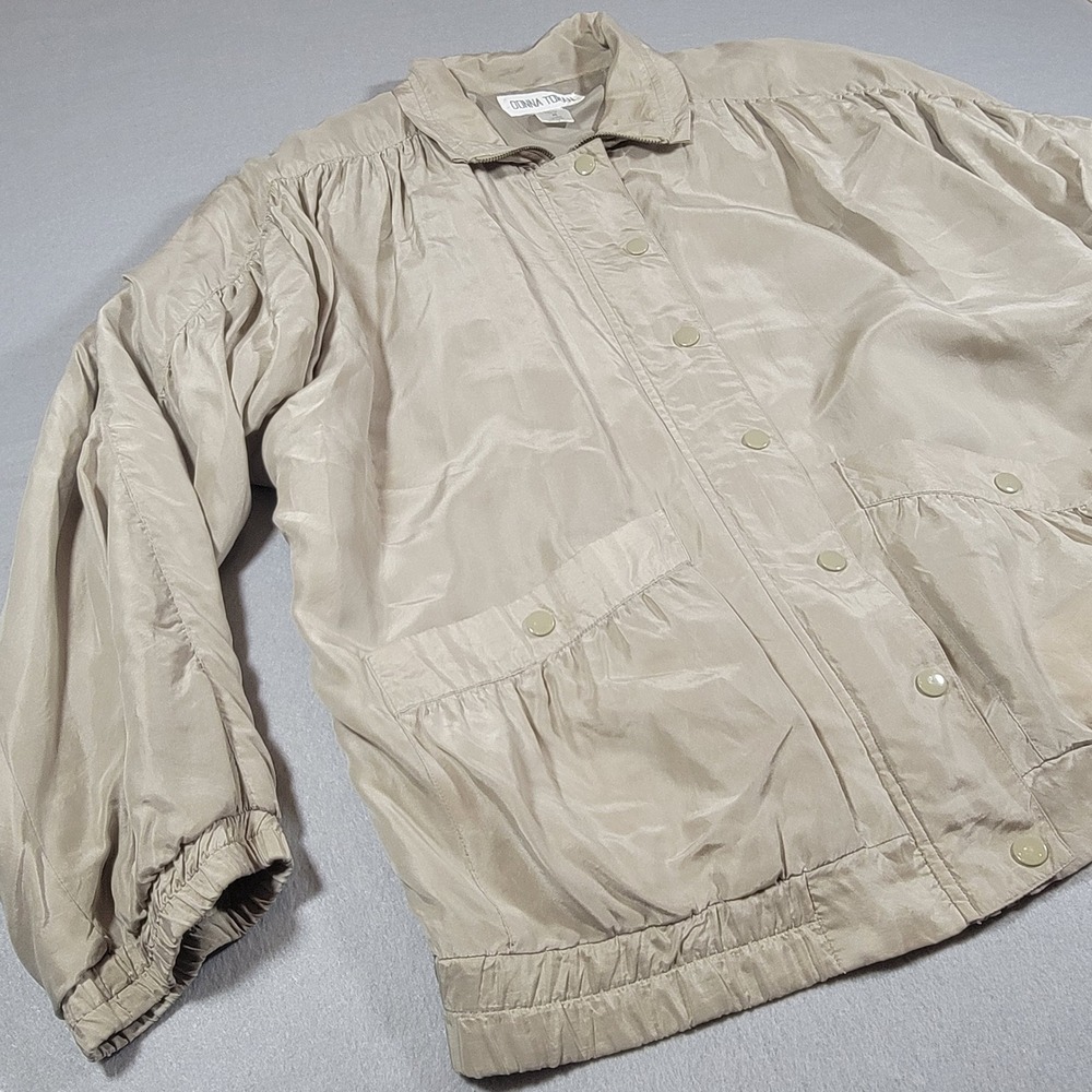 Vintage 80s Donna Toran Silk Jacket Beige Women's Size‎ Medium Shoulder Pads